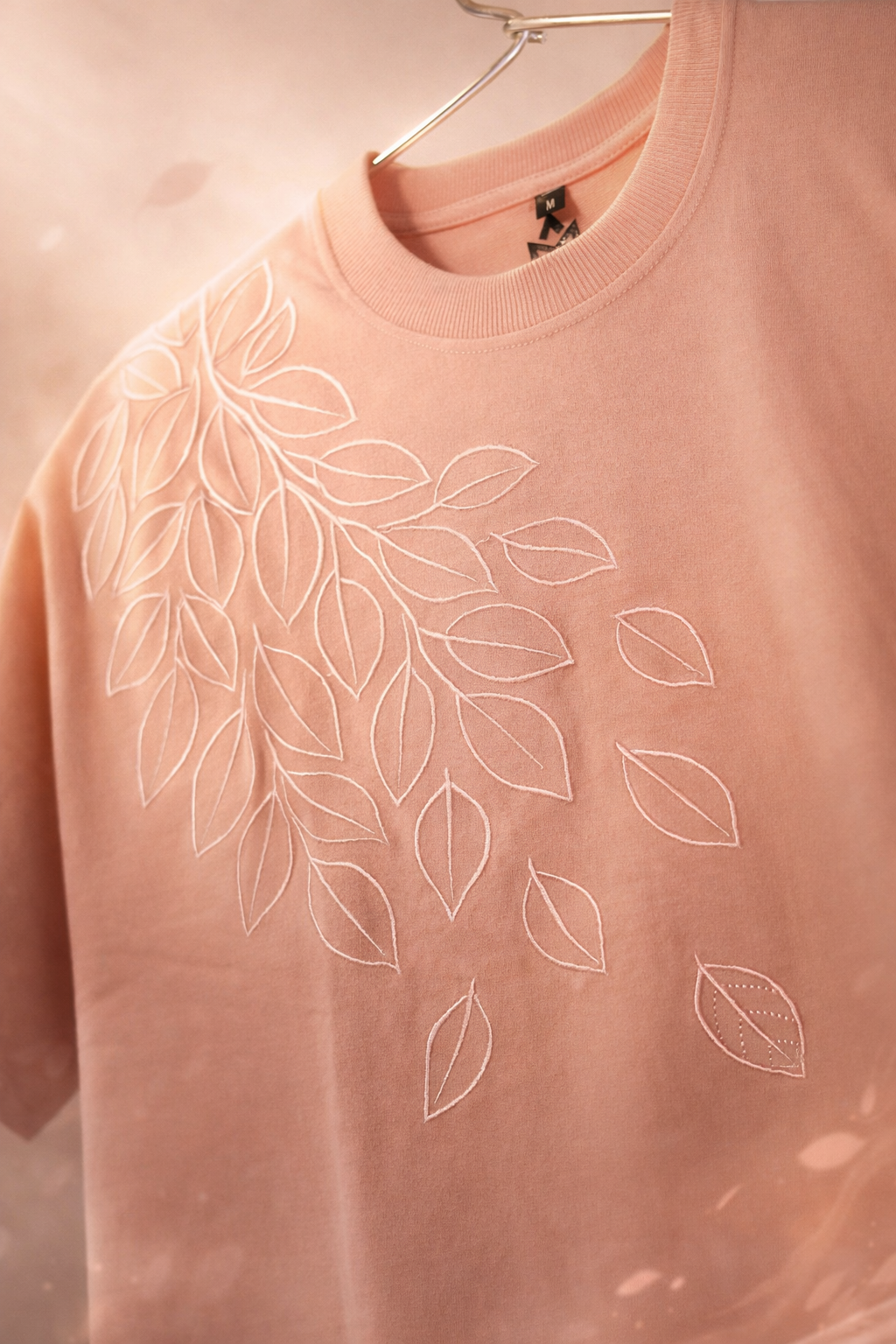 FALLING BLOOM OVERSIZED HEAVY WEIGHT TEE | 240 GSM Graphics Embroidered, Soft Pink color  - Image 4