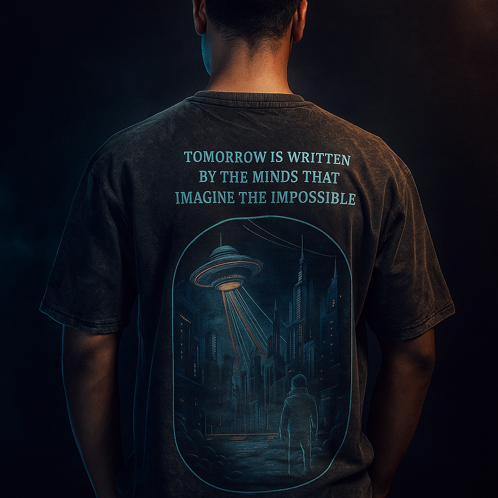 FUTURE OVERSIZED ACID WASHED | 240 GSM Graphic Embroidered Premium Phantom Grey color Tee - Image 2