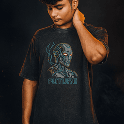 FUTURE OVERSIZED ACID WASHED | 240 GSM Graphic Embroidered Premium Phantom Grey color Tee - Image 1