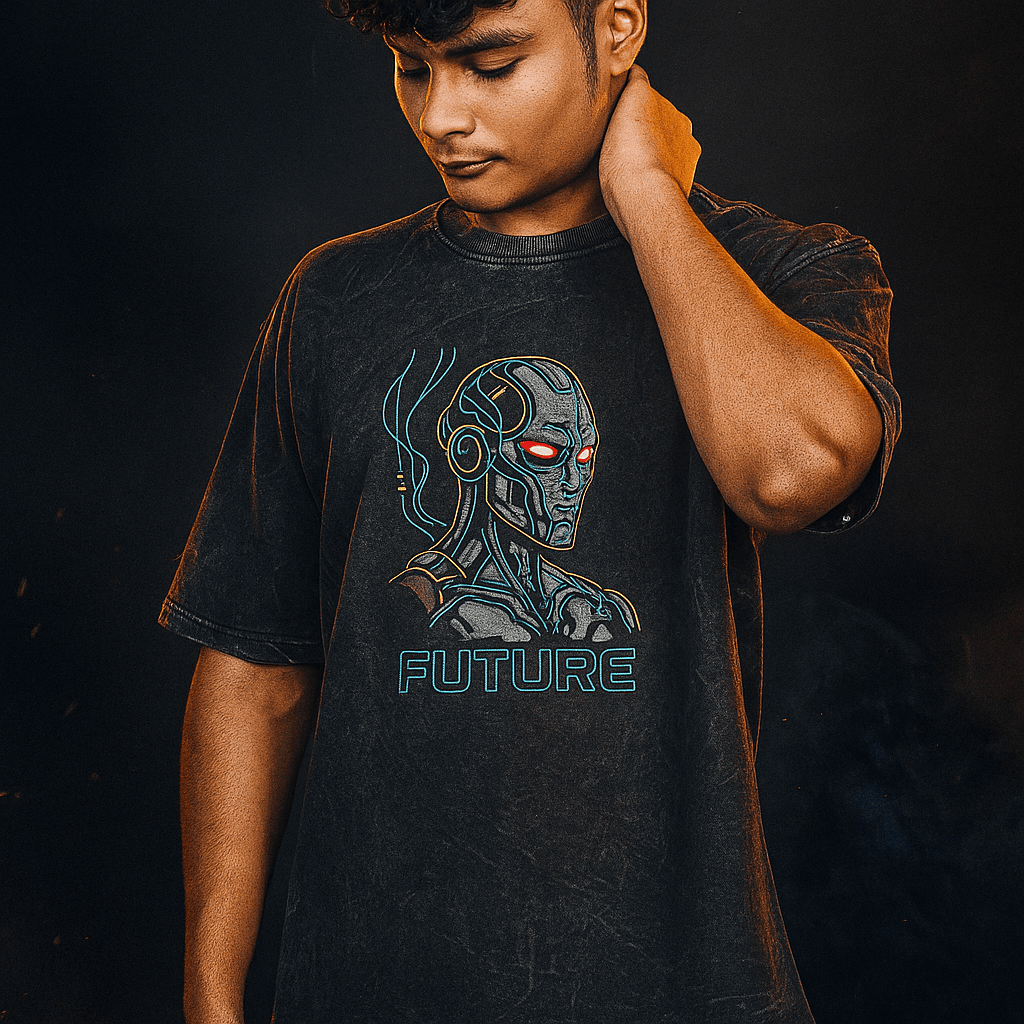 FUTURE OVERSIZED ACID WASHED | 240 GSM Graphic Embroidered Premium Phantom Grey color Tee